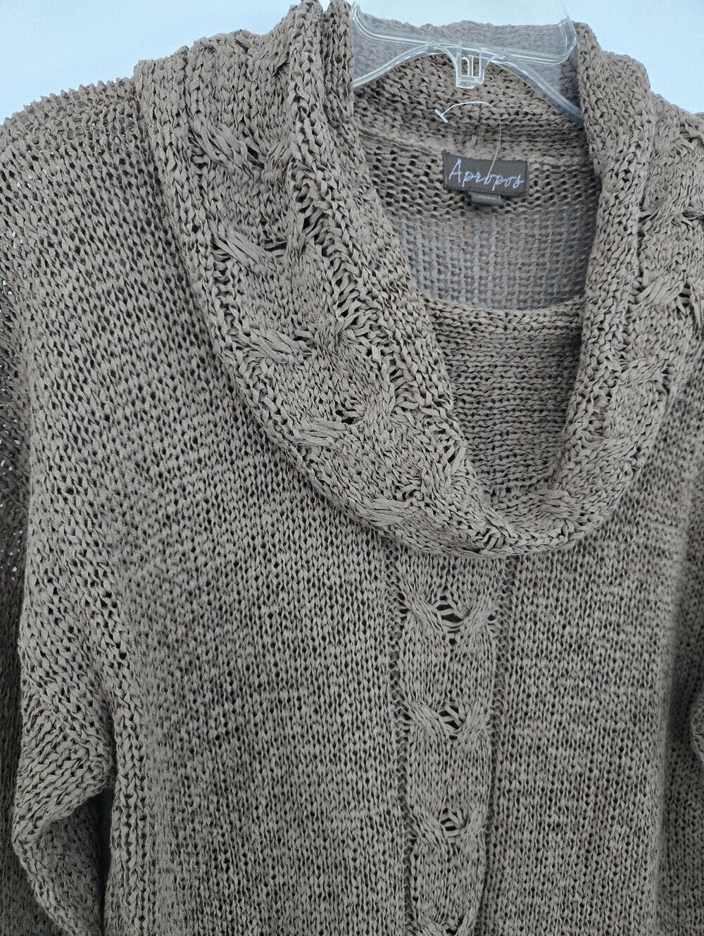 Apropos cowl neck open knit texture linen-blend sweater. 3/4 Sleeves. Large. - Picture 3 of 8